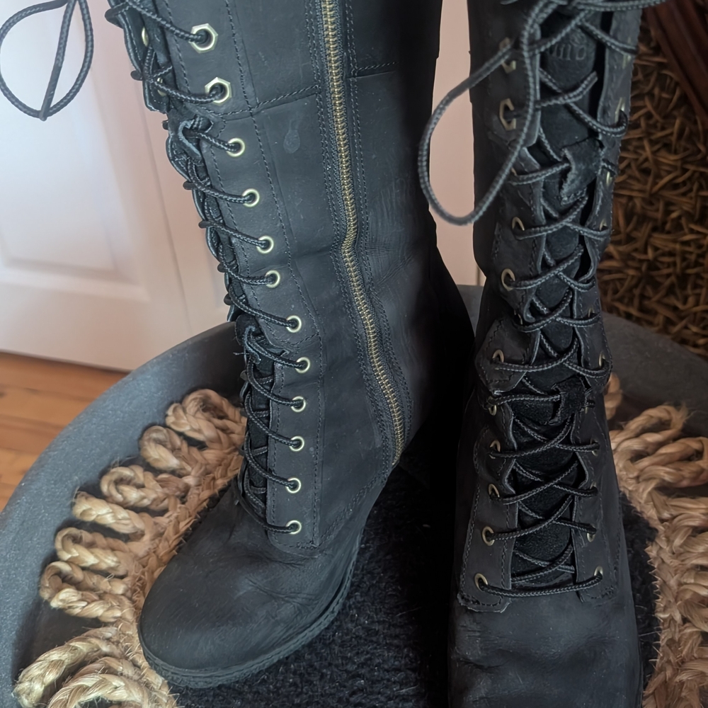 Timberland Black Nubuck Leather Lace-Up Knee-High Boots